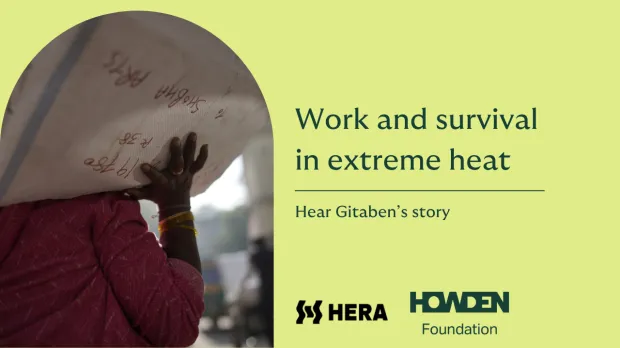 Work and survival - Gitaben Person carrying goods on their head in a market during extreme heat, with text about work and survival and Gitaben’s story.